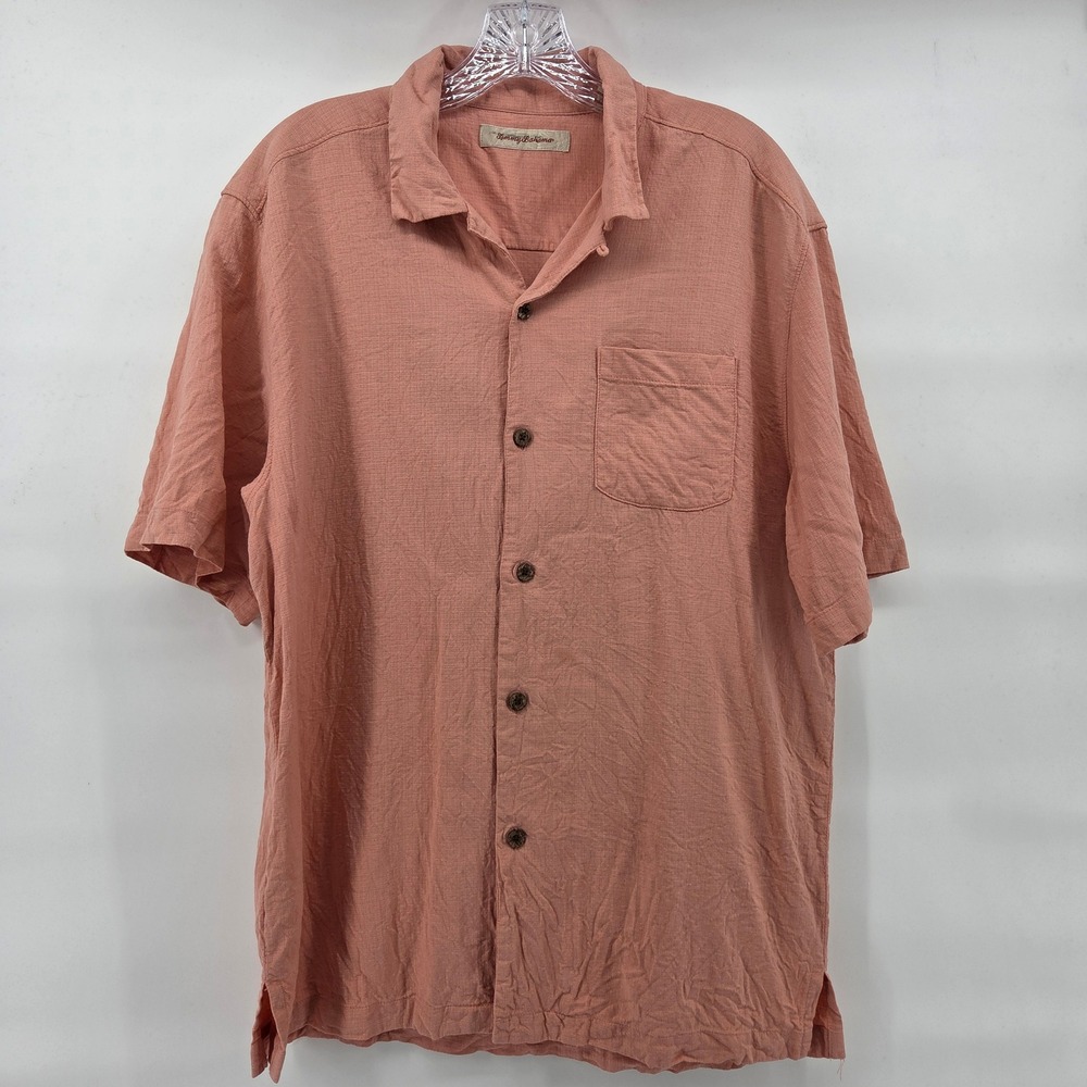 Tommy Bahama Silk Shirt Medium Coral Short Sleeve‎ Button Down Summer Vacation